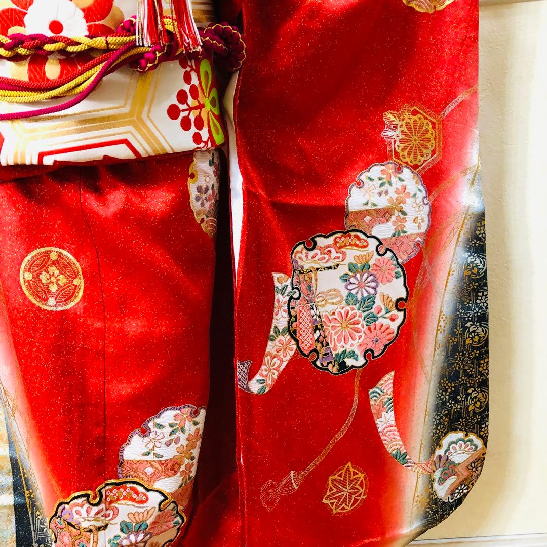 七五三七歳‼️豪華正絹レッド×BLACKラメ煌びやか花々刺繍金彩金箔完全フルセット