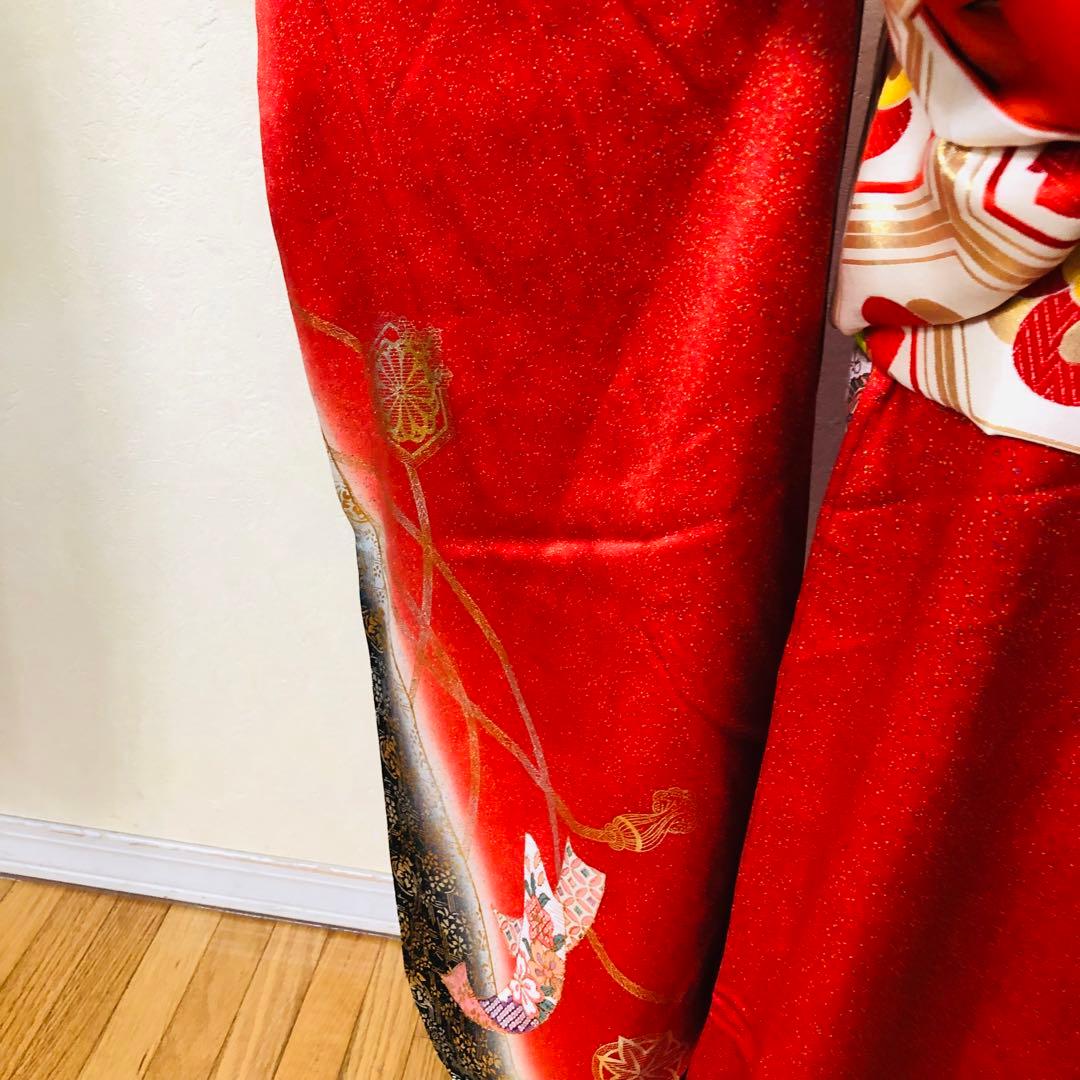七五三七歳‼️豪華正絹レッド×BLACKラメ煌びやか花々刺繍金彩金箔完全フルセット