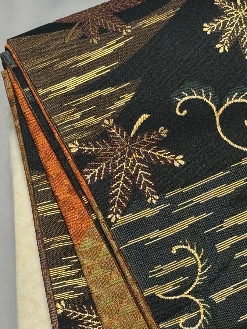 [美品] 長尺　半幅帯　小袋帯　正絹　黒　唐草　カジュアル　小紋　紬　無地