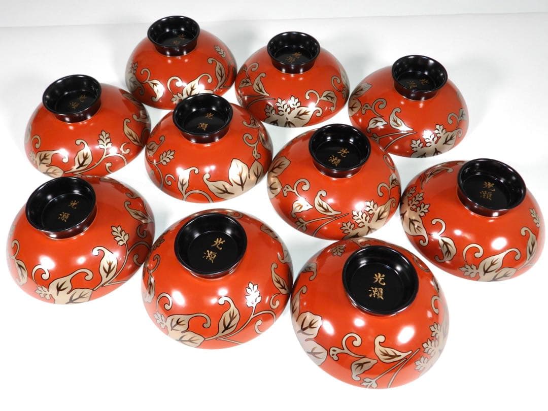 輪島塗 木製漆器 沈金 蓋椀 大吸物椀 汁椀 10客　直径17cm