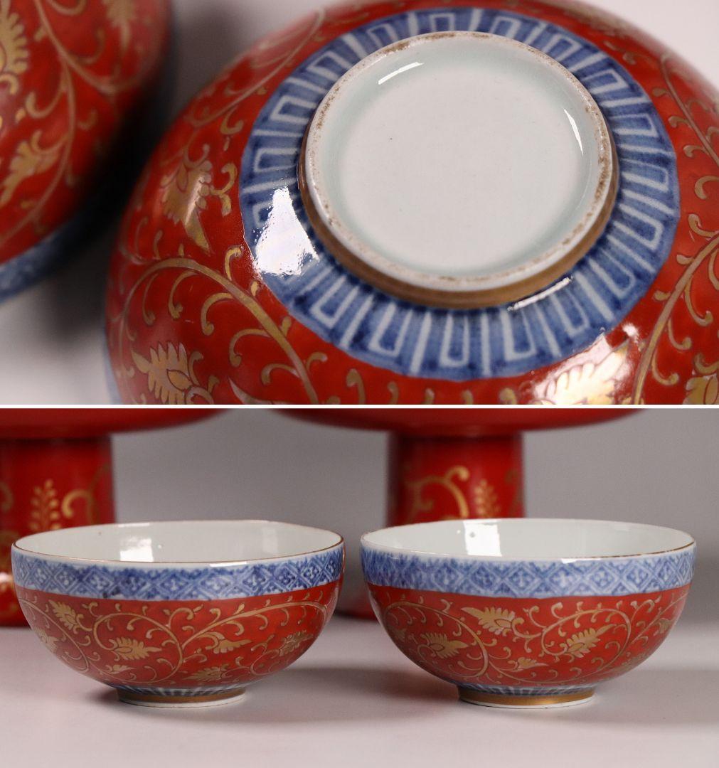 MA454 時代 桐唐草金蒔絵 朱塗 高茶台一対 天目台 赤絵 茶器 茶碗 木製