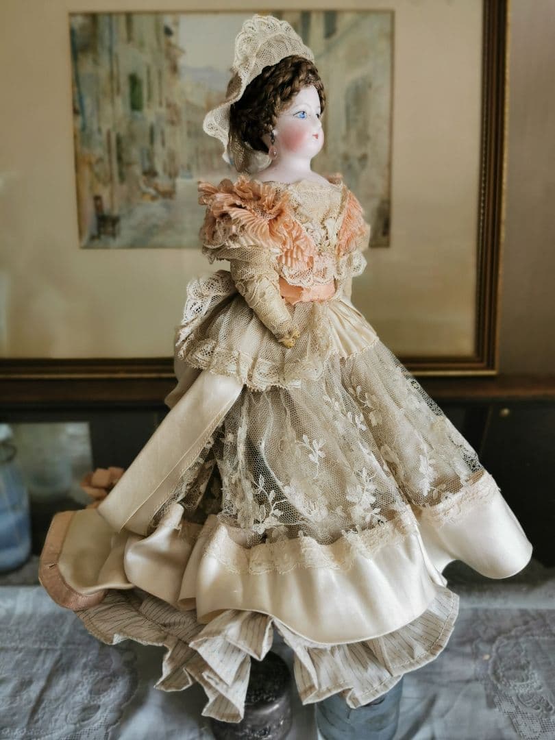 アンティークフランス ゴーチェビスクドール シルクタフタ＆レース４層ドレス19c