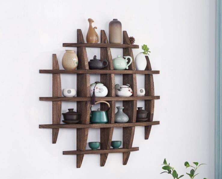 円形木製シェルフ ダークブラウン 茶碗ラック 茶器展示棚