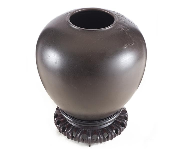 【海】一乗軒 大島 如雲 作 鋳銅 瓢蝸牛 彫刻 花瓶 唐木台付 共箱　本物保証