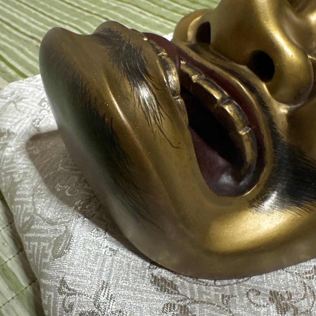 お面　能面　男　黒髭面　刻印作者不明　伝統工芸　神楽　壁掛け　置物　狂言面　金色