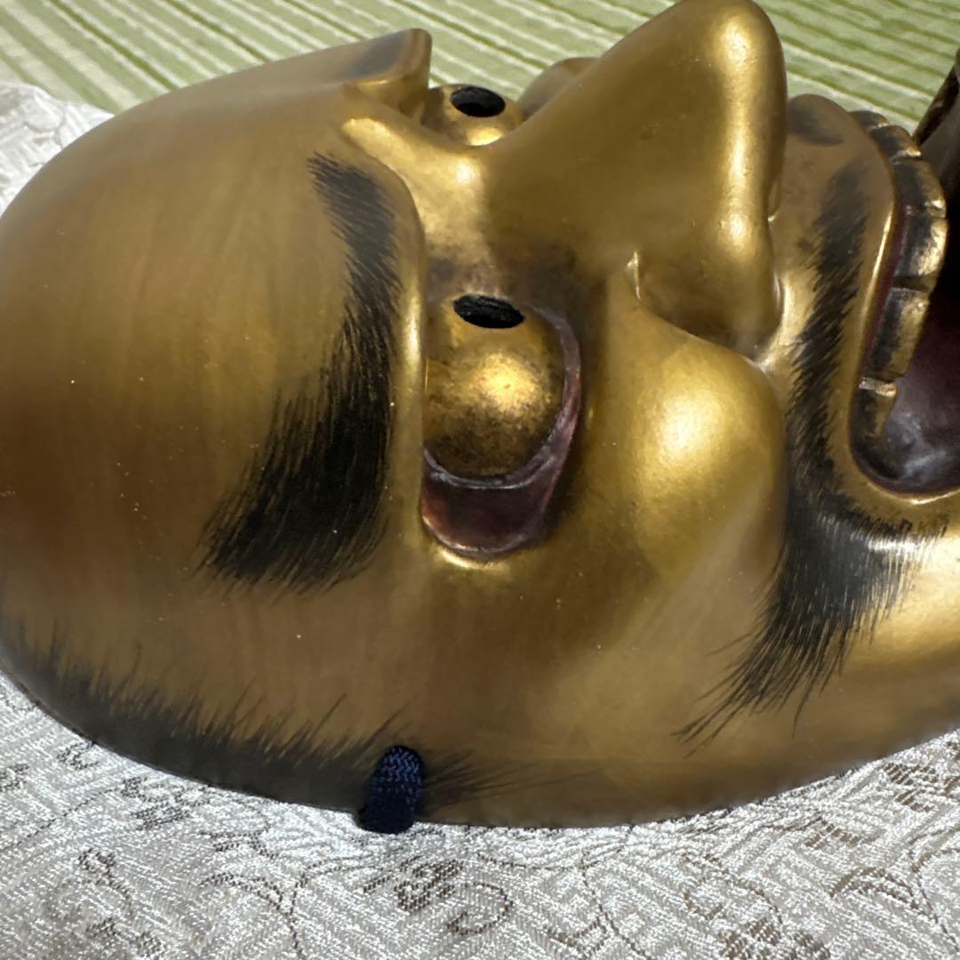 お面　能面　男　黒髭面　刻印作者不明　伝統工芸　神楽　壁掛け　置物　狂言面　金色