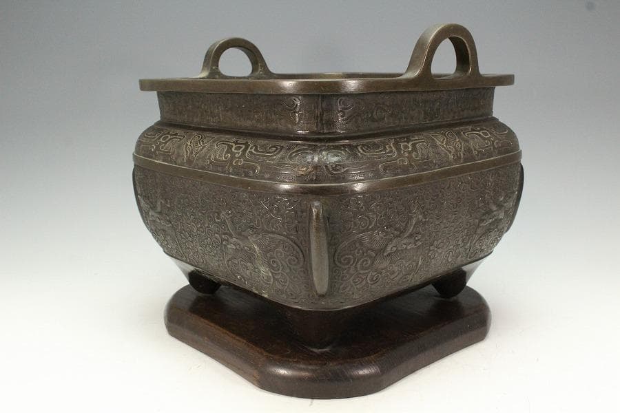 古銅 饕餮紋 双耳 四方 瓶掛(K-LC697)