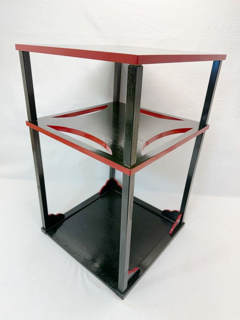 ほぼ未使用 茶道具 碌々斎好写 糸巻棚 二重棚 青漆爪紅 組み立て式 元箱