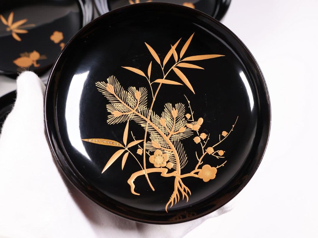 【CM414】輪島塗 松竹梅 金蒔絵 木瓜形 黒塗椀 三客 天然木漆塗 漆器