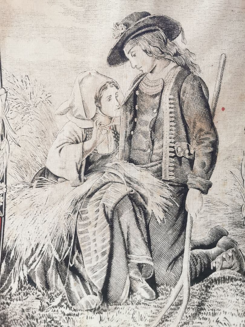 アンティークフランス トワルドジュイクロス 農村のカップル 繕う女性 田園風景