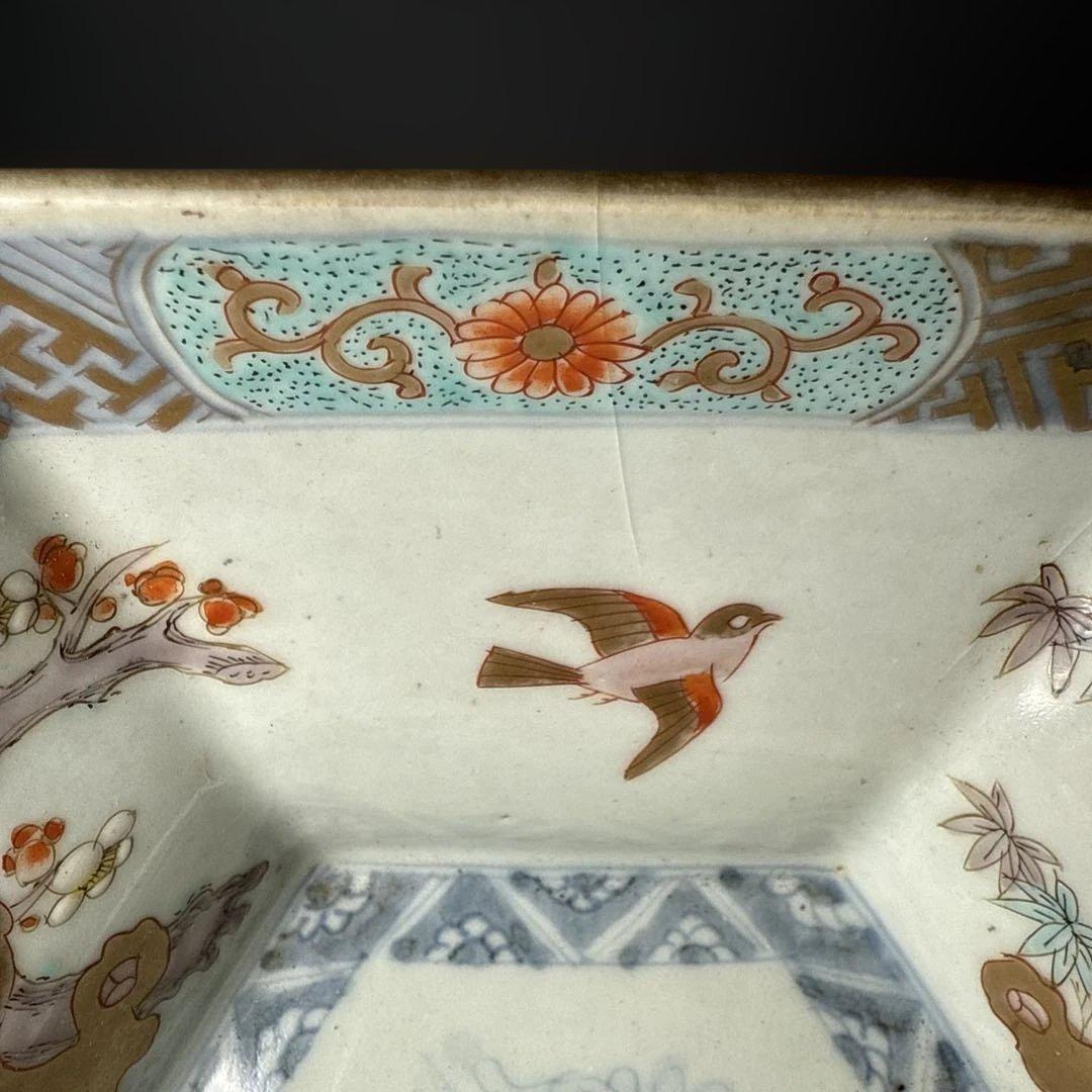 江戸後期〜明治時代　色絵松竹梅鳥賢人図六角鉢　共箱　古美術　豪商旧蔵品