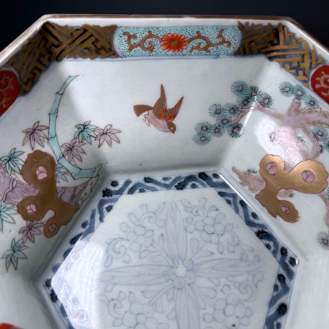 江戸後期〜明治時代　色絵松竹梅鳥賢人図六角鉢　共箱　古美術　豪商旧蔵品