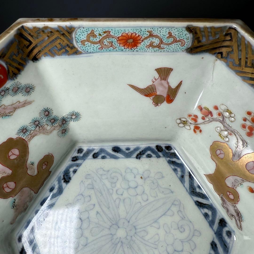 江戸後期〜明治時代　色絵松竹梅鳥賢人図六角鉢　共箱　古美術　豪商旧蔵品