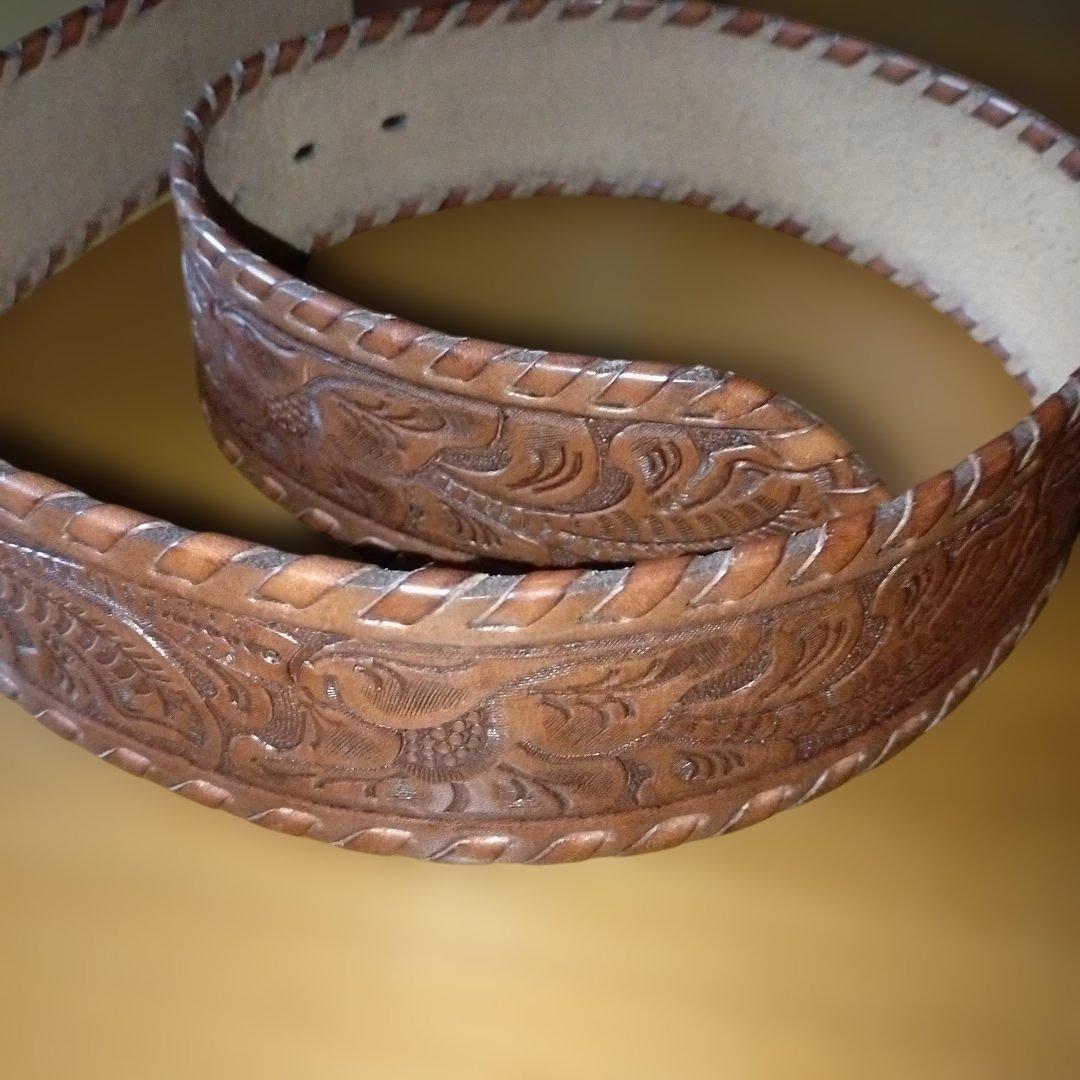 ラルフローレン　ベルト　S　ブラウン　本革　型押し　総柄　幅広　バックル金色