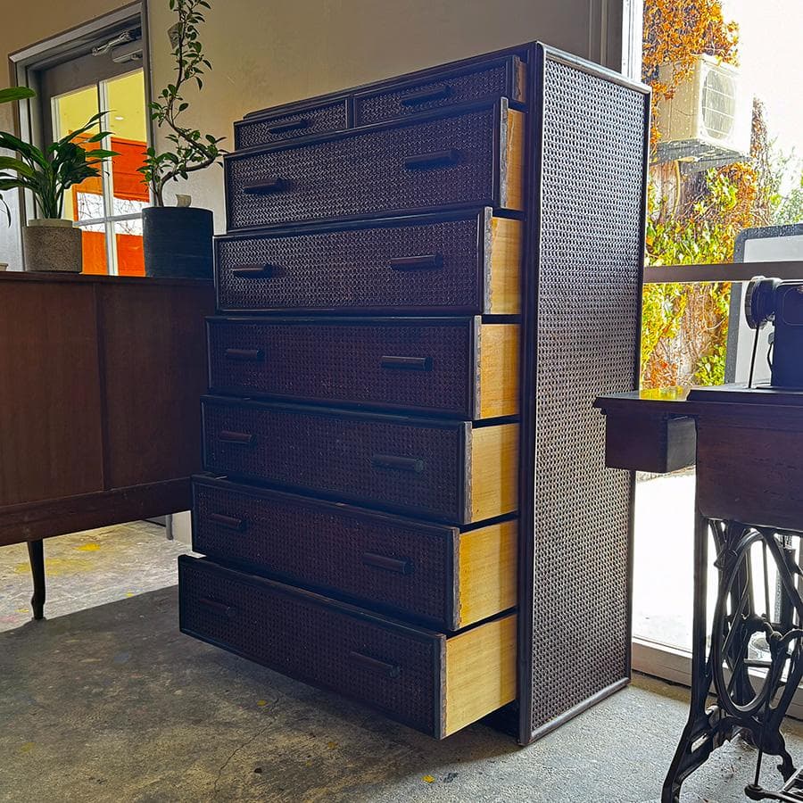 希少 お洒落な 網代引戸箪笥 家具 7段 和モダン アジアン ラタン レトロ