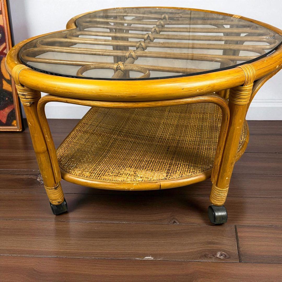 【希少】ハート型　ラタン　ガラス　テーブル　アンティーク　家具　レトロインテリア