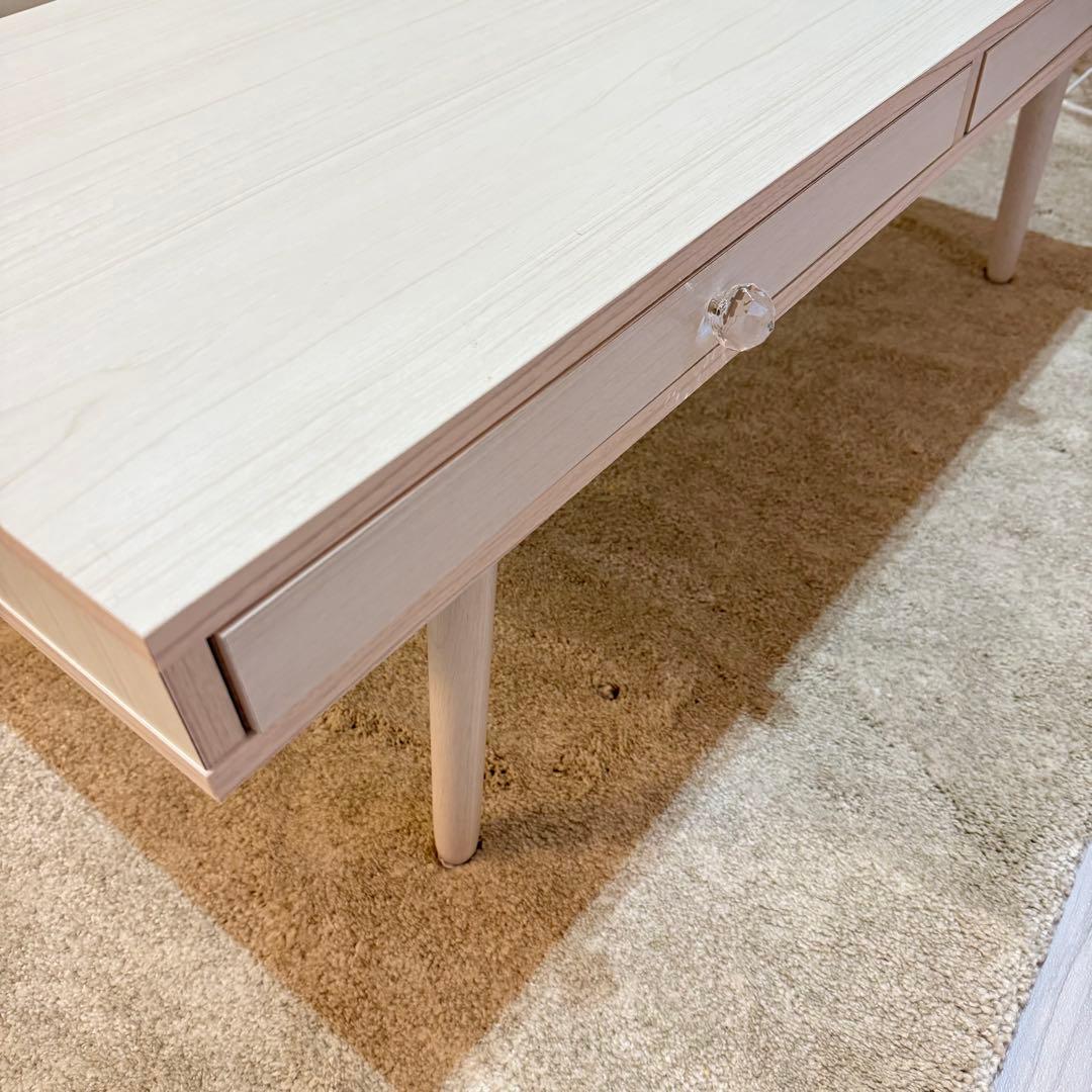 ホワイトウッド北欧風引き出し付きテーブル　ビジュー取っ手付き