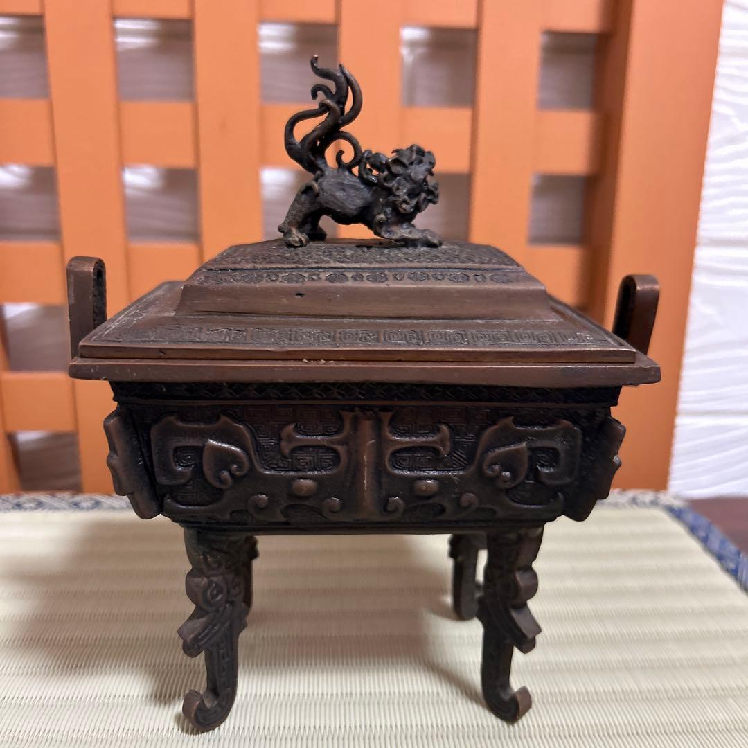高岡銅器　米田陵山作　鋳銅　獅子摘　四方香炉