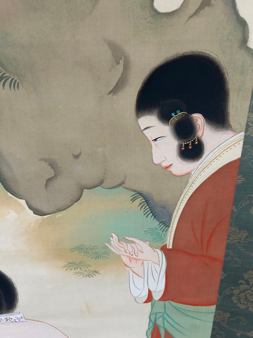 k*3様 橋本永郁 聴琴　美人図　双幅 共箱 漆塗軸先 掛け軸　骨董品