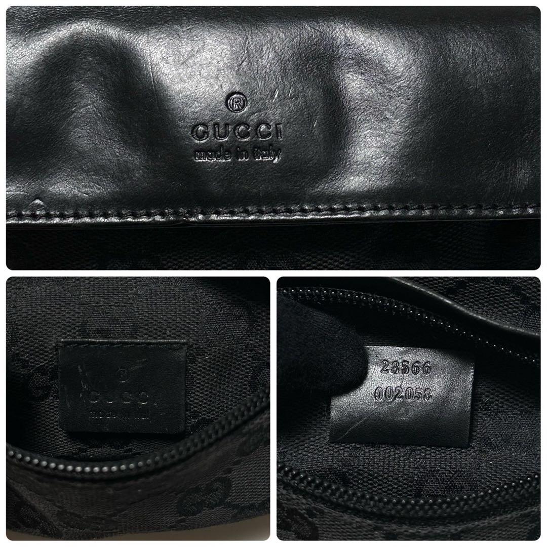 r17【美品】グッチ　GGキャンバス レザー　ブラック　ウエストポーチショルダー