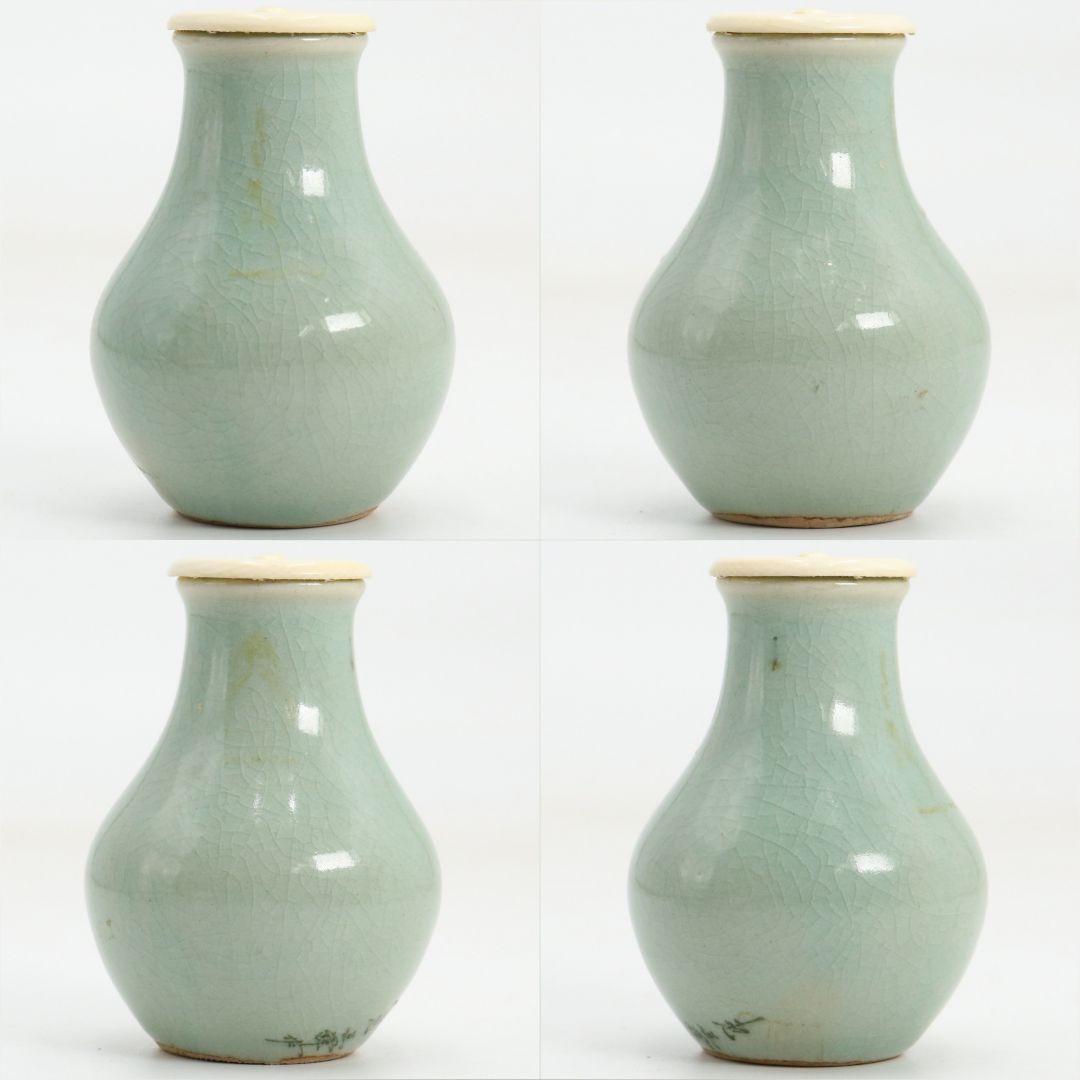 韓国人間文化財 池順鐸作 青磁鶴首茶入 浪の紋緞子仕覆付 茶道具　V903　N9