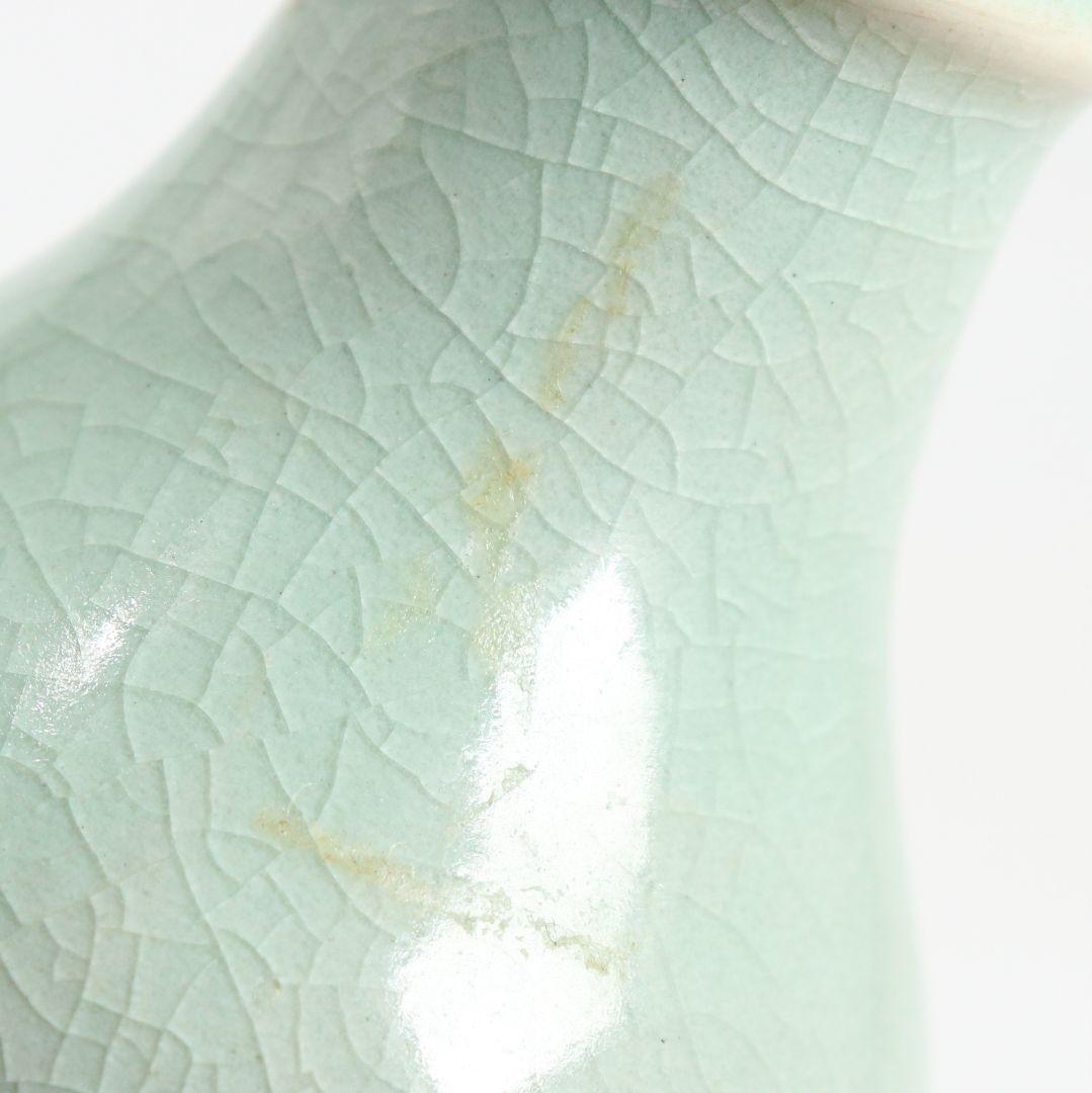 韓国人間文化財 池順鐸作 青磁鶴首茶入 浪の紋緞子仕覆付 茶道具　V903　N9