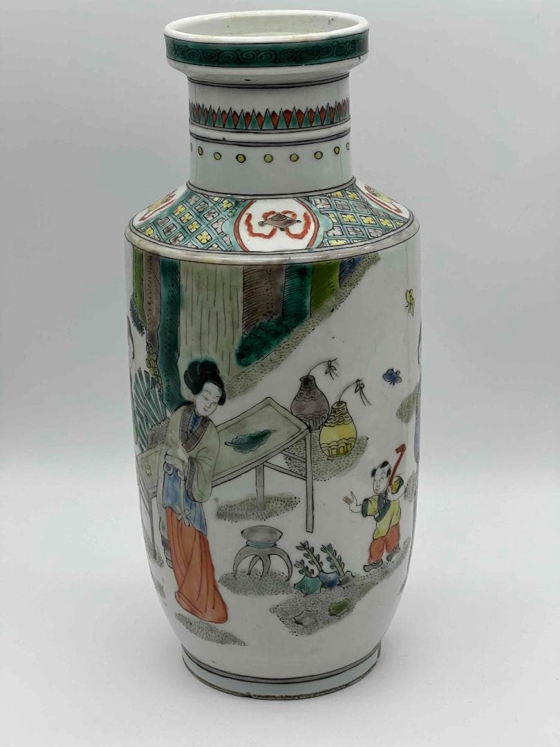 清時代 康熙五彩人物物語文瓶　西廂記棒槌瓶 花瓶(E-74)
