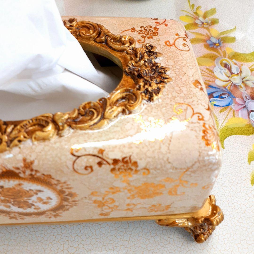 輸入雑貨　シノワズリ　『薔薇のティッシュBOX陶器』　ゴールド　薔薇柄　リビング
