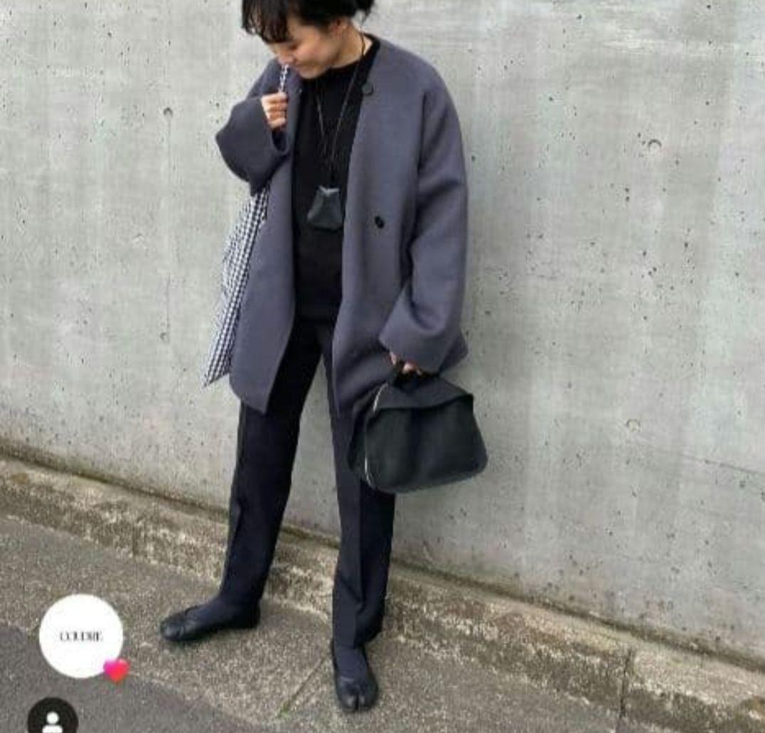 【GALERIE VIE】ウールダブルフェイス ショートノーカラーコート　紺色