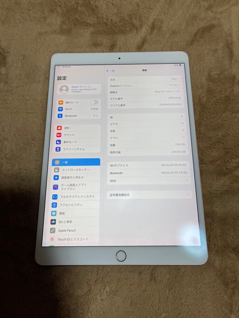 iPad Pro10.5インチWi-Fiモデル大容量256GBバッテリー85%