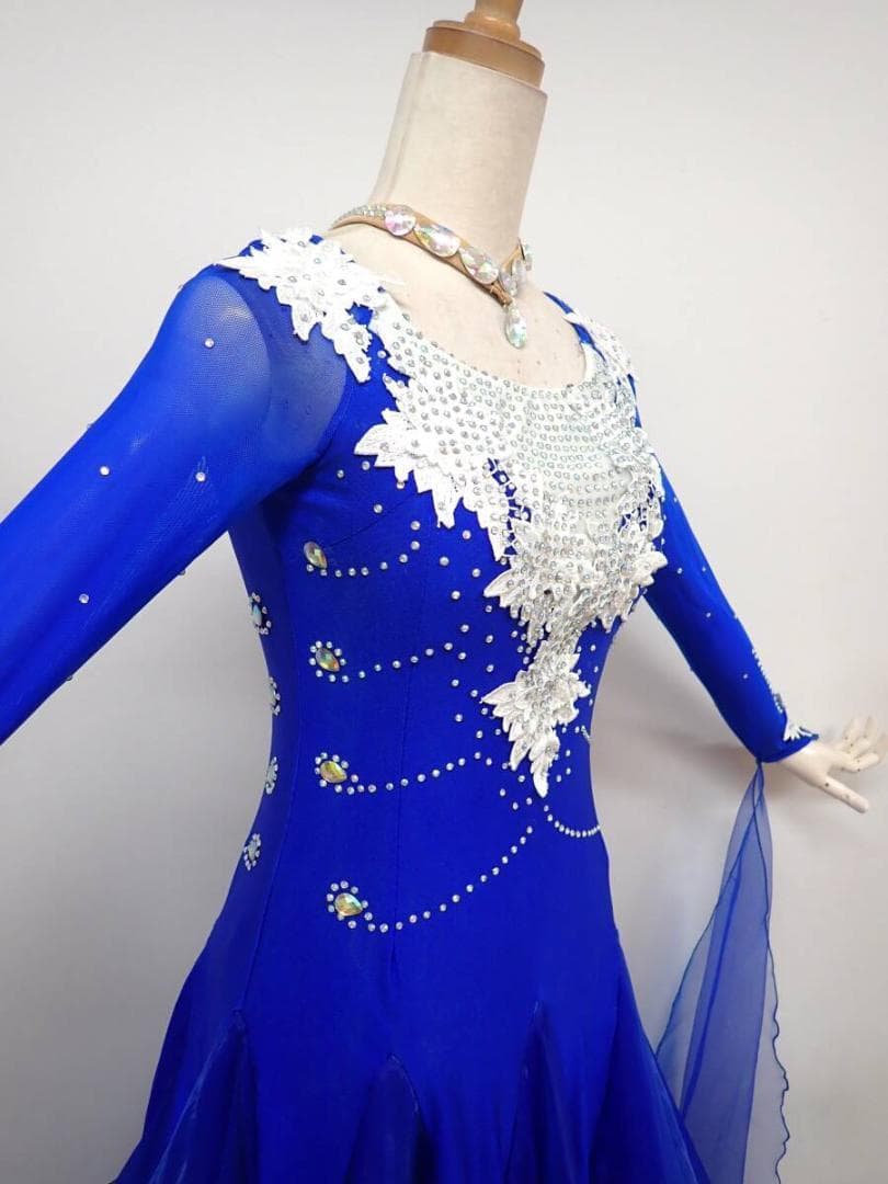 B1444★SMサイズ★青×白/花モチーフ/スタンダードドレス☆社交ダンス