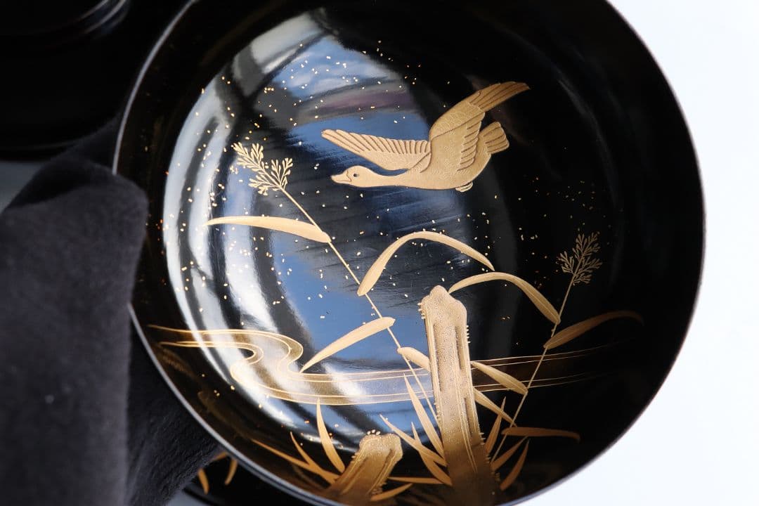 CL64 加賀蒔絵 月に雁 金蒔絵 黒塗煮物椀 五客 木製漆器 梨地 鳥 芦