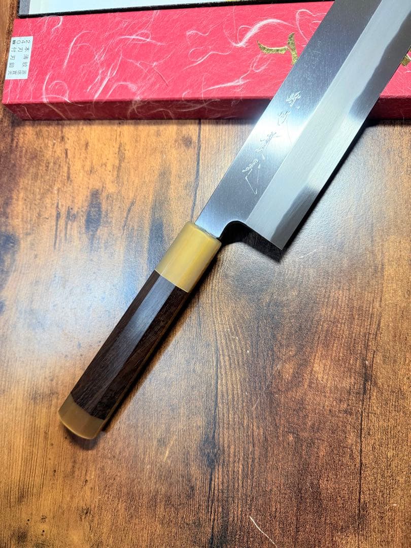 【堺刃物】　薄刃　包丁　8寸　青鋼　紋鍛　紫檀水牛八角柄