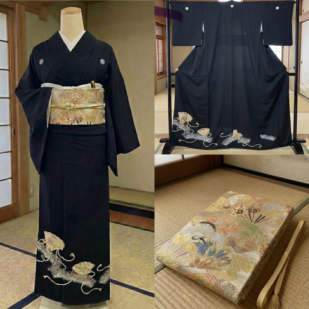 最終価格　黒留袖　袋帯　鶴　4点フルセット　結婚式　比翼仕立て　帯締め　帯揚