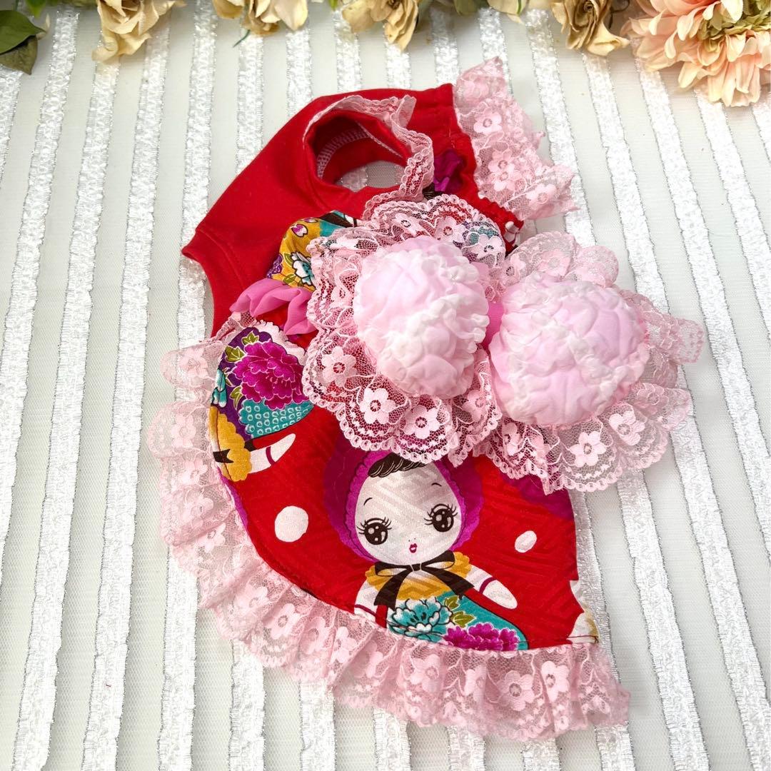 犬服ハンドメイド浴衣　浴衣ワンピ　髪どめ付き