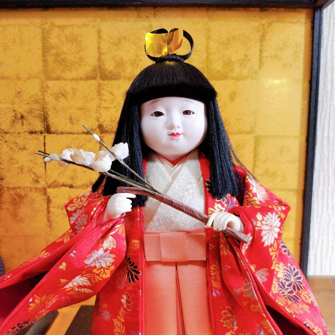 市松人形　紅白椿　好洋作　花柄和服　雛祭り　伝統工芸品　ガラスケース付