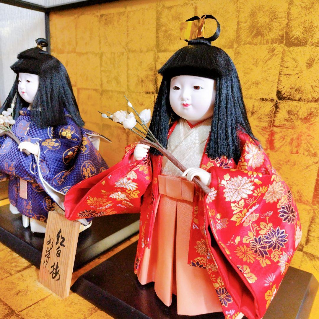 市松人形　紅白椿　好洋作　花柄和服　雛祭り　伝統工芸品　ガラスケース付