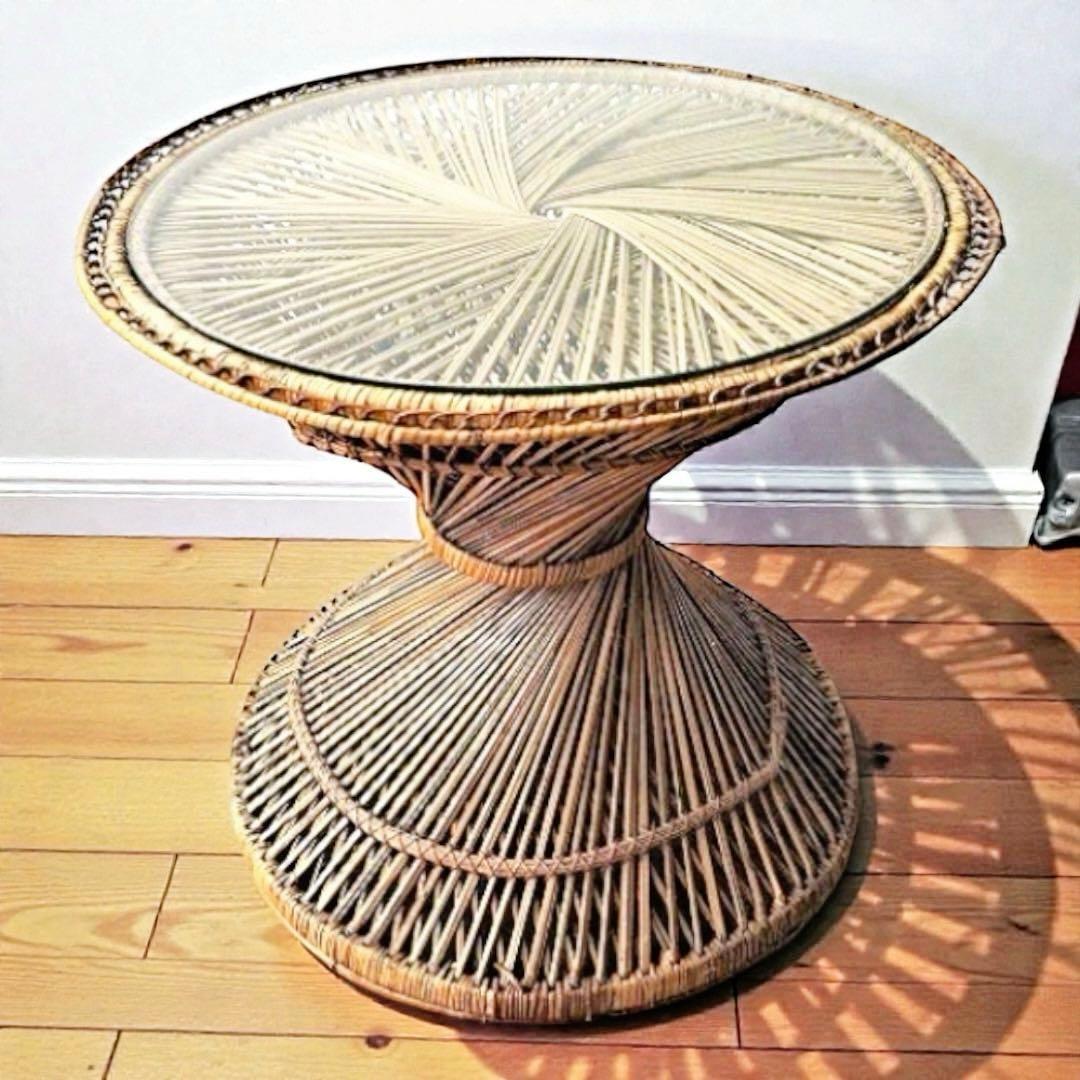 1970–80’s ヴィンテージ ラタン ラウンド サイドテーブル｜ガラス天板