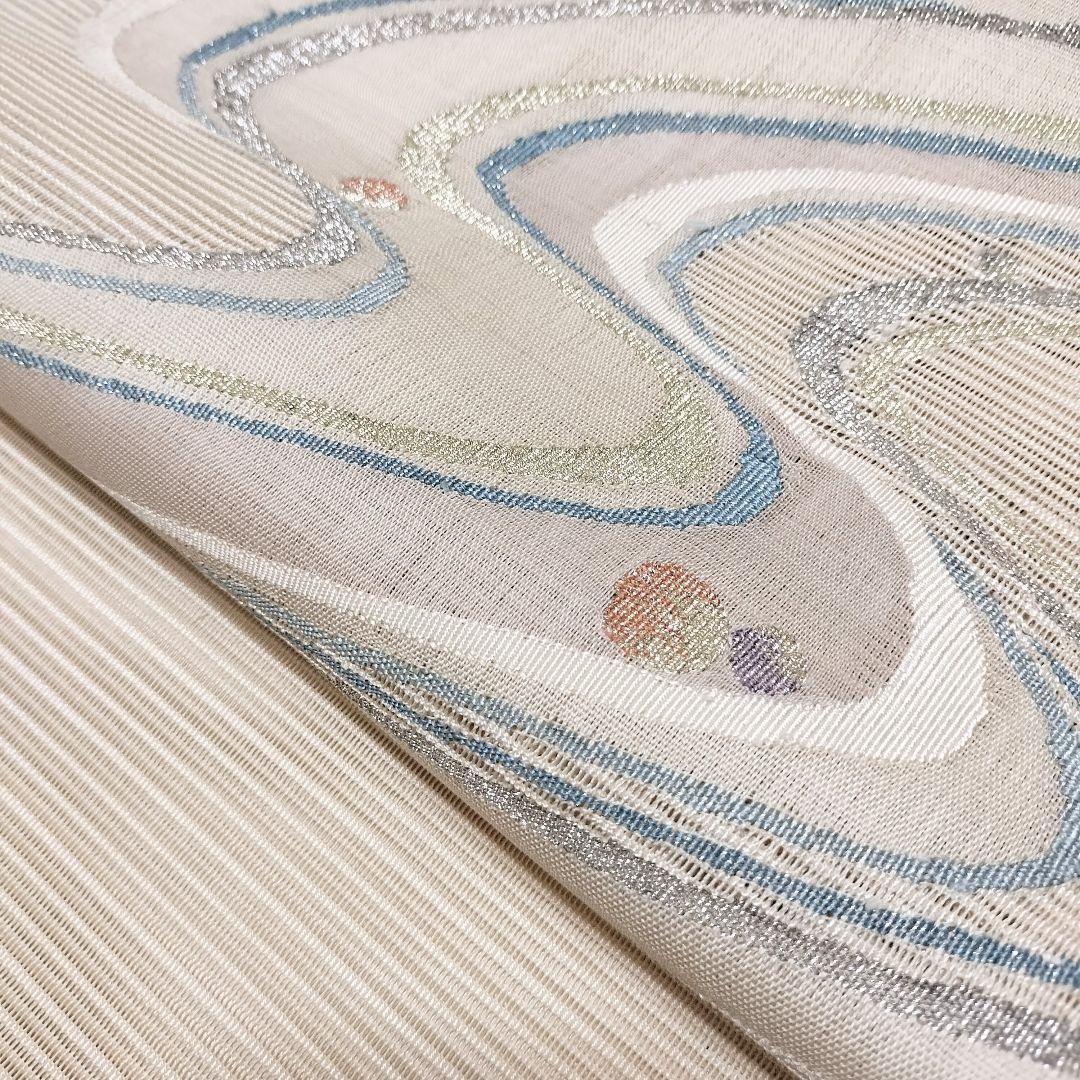 【夏名古屋帯】絽 白地 流水模様 水玉　八寸　正絹　カジュアル　すくい織り