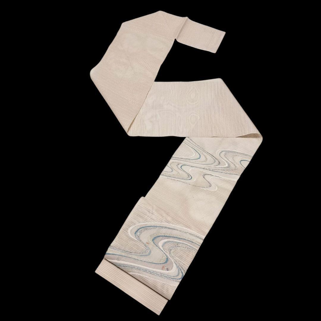 【夏名古屋帯】絽 白地 流水模様 水玉　八寸　正絹　カジュアル　すくい織り