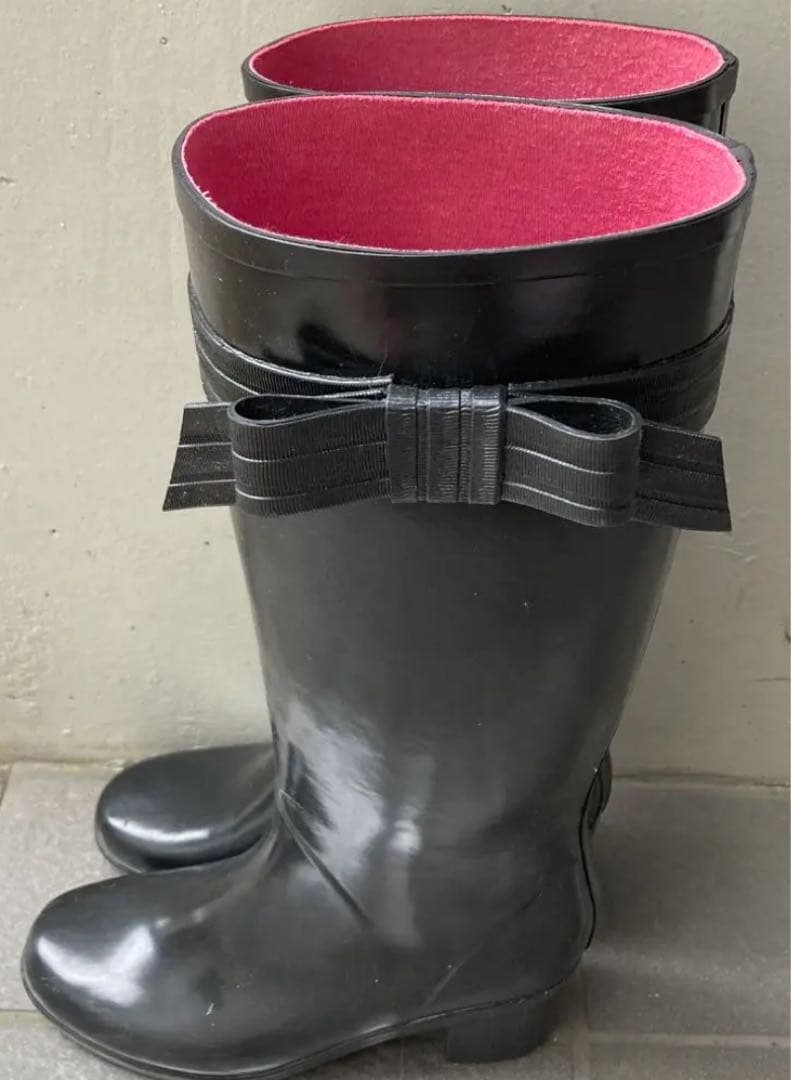 ★kate spade★ケイトスペード リボン ブラック レインブーツ 長靴 黒