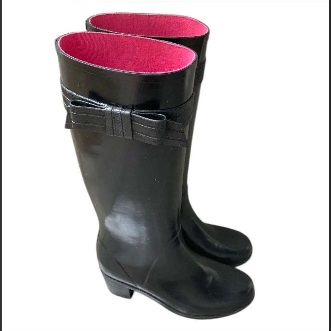 ★kate spade★ケイトスペード リボン ブラック レインブーツ 長靴 黒