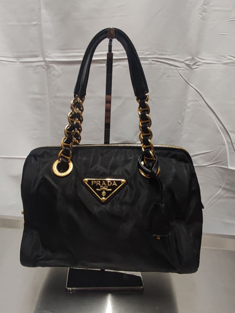 美品 PRADA Tessuto Catena ブラックハンドバッグ
