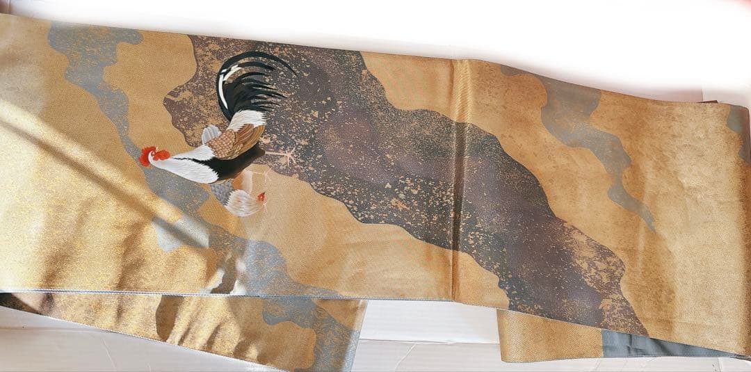 手描きの鶏ニワトリとひよこが可愛い箔の袋帯　六通　グレー灰色金箔銀箔