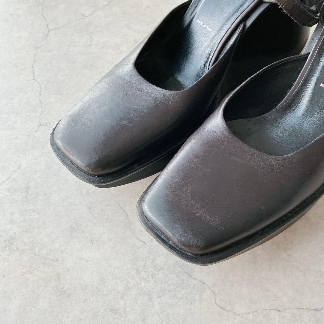 PRADA スクエアトゥ ブラックウェッジヒール 厚底 ミュール サンダル