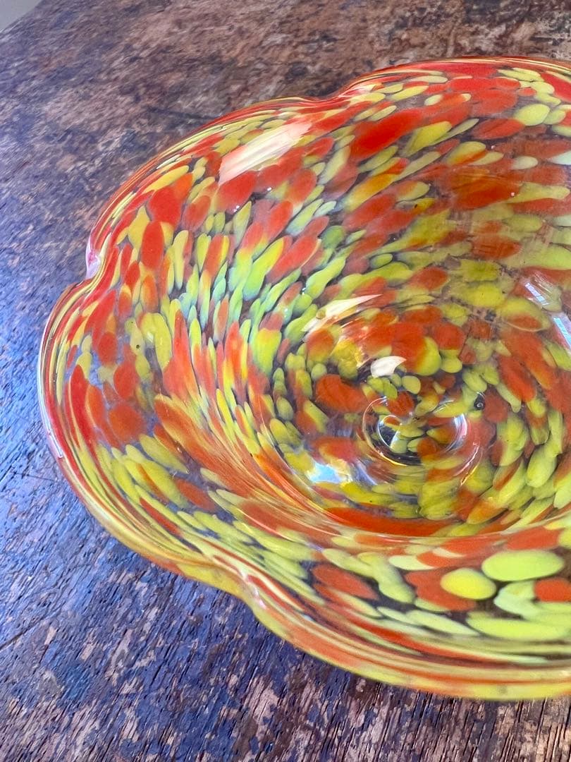 大正ロマン　吹雪紋氷コップオレンジ　ウランガラス　和ガラス　アンティーク　古道具