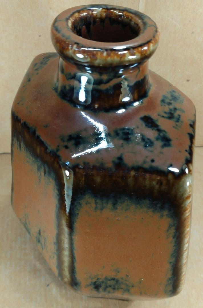 ポコ！河井寛次郎 柿釉六角扁壷 河井敏孝識箱 美品 民藝の巨匠