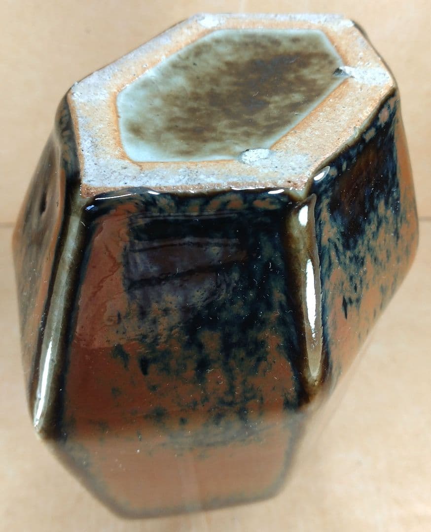 ポコ！河井寛次郎 柿釉六角扁壷 河井敏孝識箱 美品 民藝の巨匠