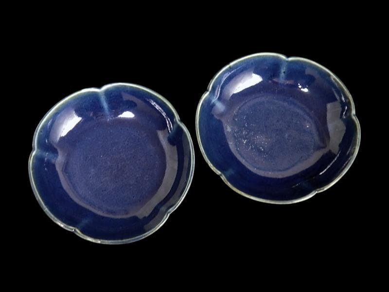 古伊万里　瑠璃　輪花小皿　３寸半皿　２枚　C734AS-DCg