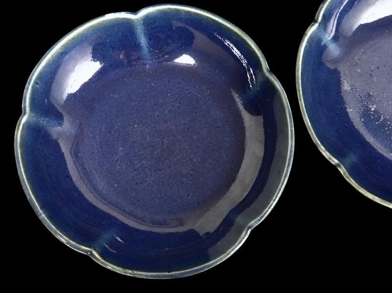 古伊万里　瑠璃　輪花小皿　３寸半皿　２枚　C734AS-DCg